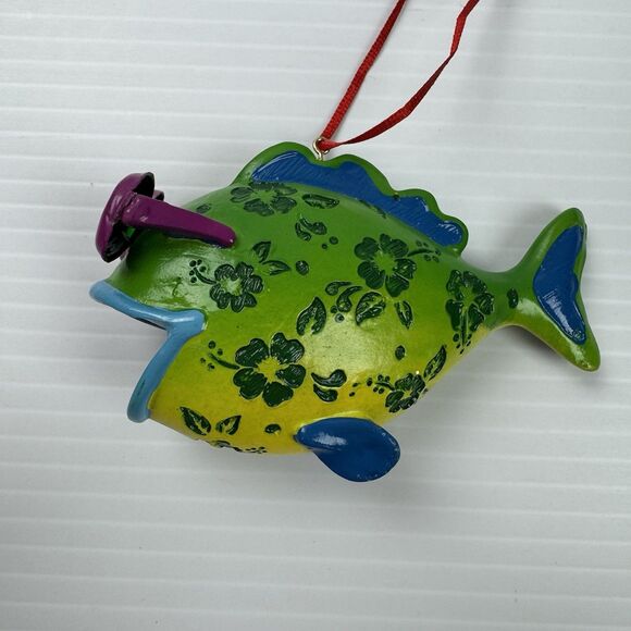 Fish in Sunglasses Christmas Ornament Tropical Beach Fun Glazed Hibiscus - Picture 2 of 9